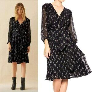 Ba&sh Memory Noir Lady Midi Dress Silk Blend Wrap Chiffon Party Romantic XS $395